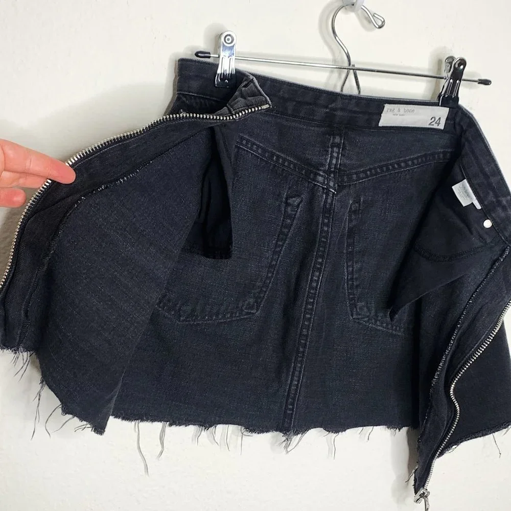 rag & bone Anna Raven Black Raw Hem Full Zip Front Mini Skirt Denim Size 24 - Picture 9 of 12